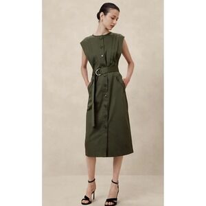 Banana Republic Belted Dress Army Green Cotton Satin Knee Length NWT Women Sz S
